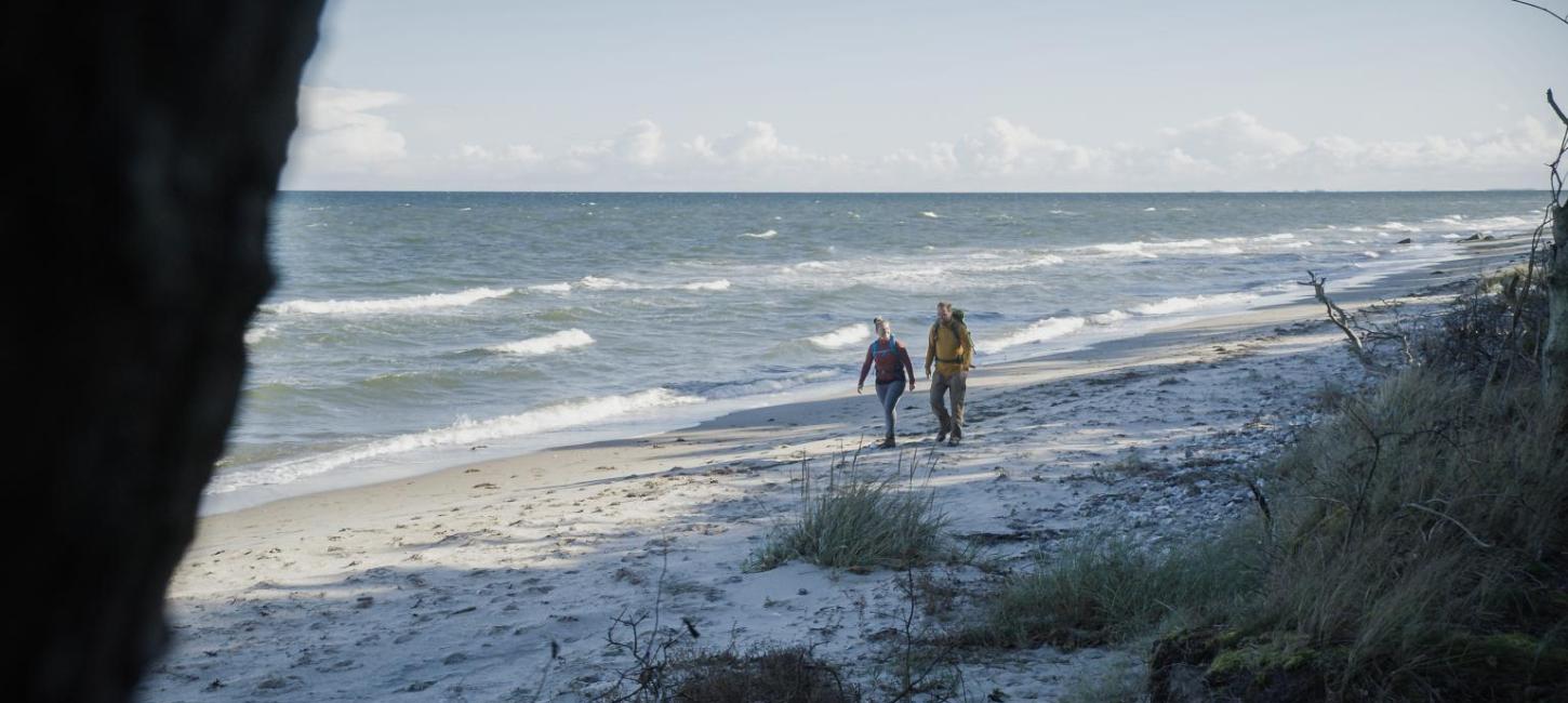 Et par vandrer en tur langs stranden.