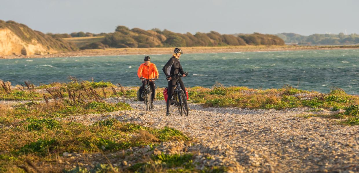 To cyklister cykler af sted på sti ved en strand lige ud til vandet. Den forreste cyklist er stoppet op og drejer sig og ser efter cyklisten bagved.