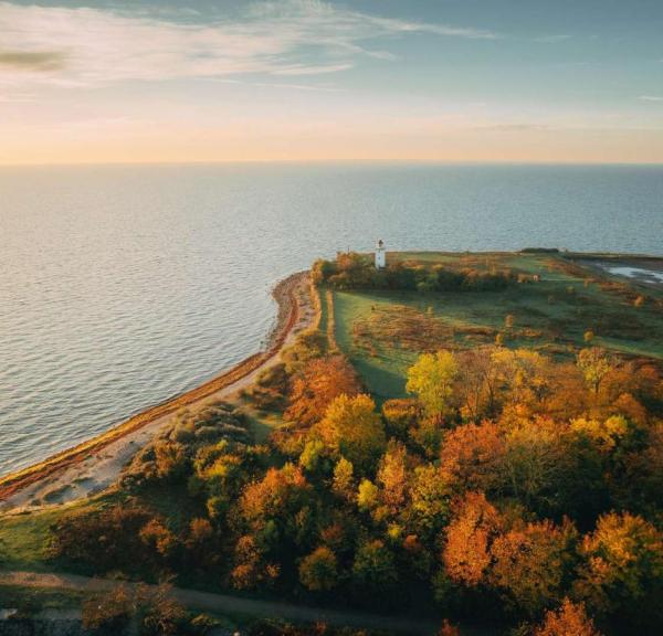 Et dronebillede fra en efterårsdag. Billedet er af en kyststrækning. I venstre side glider havet og himlen sammen i horisonten. Til højre ses en skov ovenfra, og spidsen af land. På spidsen kan man se et lille hvidt fyrtårn. 