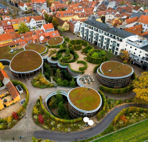 Dronefoto af H. C. Andersens hus, der består af en klynge af runde bygninger med mos på taget